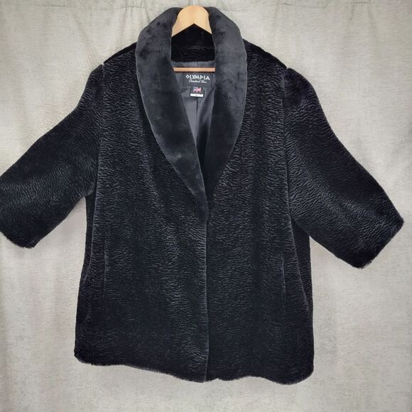 Olympia Coat Black Faux Persian Lamb Faux Fur Collar Pockets Lined Size 3X